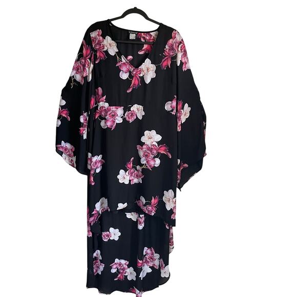 VENUS Dresses & Skirts - Venus Hi-Low Dress Sz 18 V-Neck Black Pink Floral Liner Bell Cut Out Sleeves